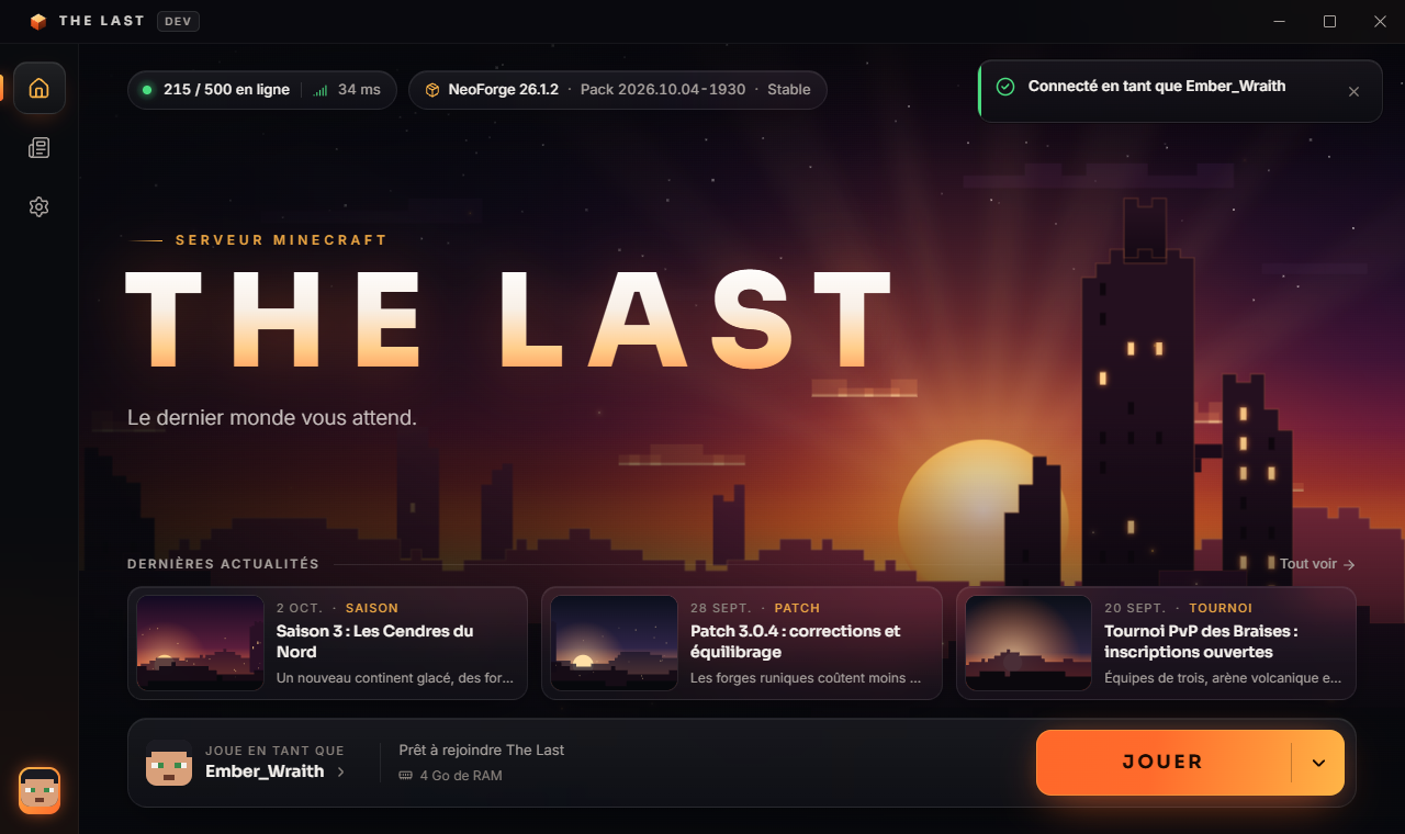 Accueil du launcher : statut du serveur, actualités et bouton Jouer