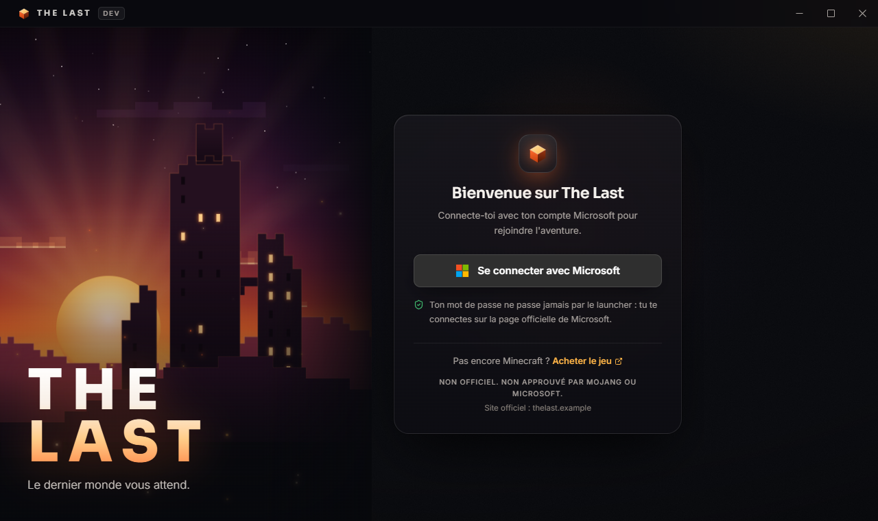 Écran de connexion du launcher avec le bouton Se connecter avec Microsoft